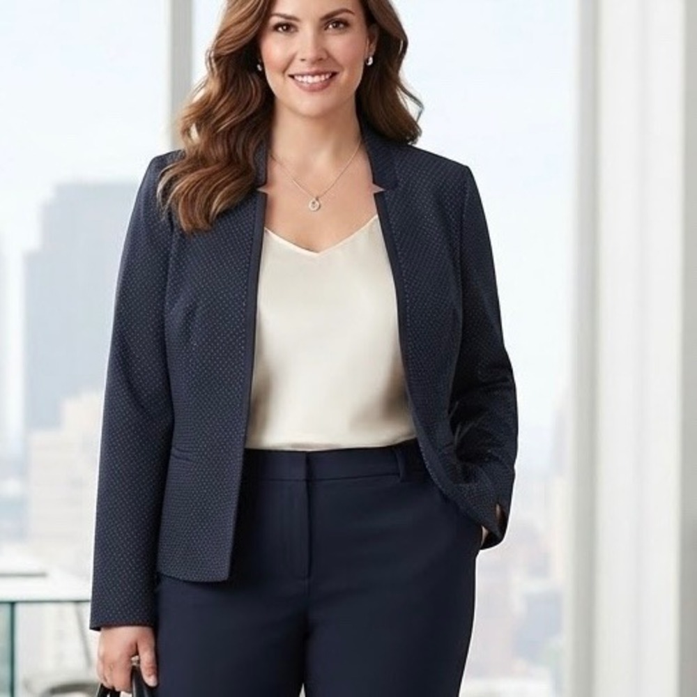 Talbots Black Blue Micro Dot Wool Blend Collarless Blazer Jacket Size 14